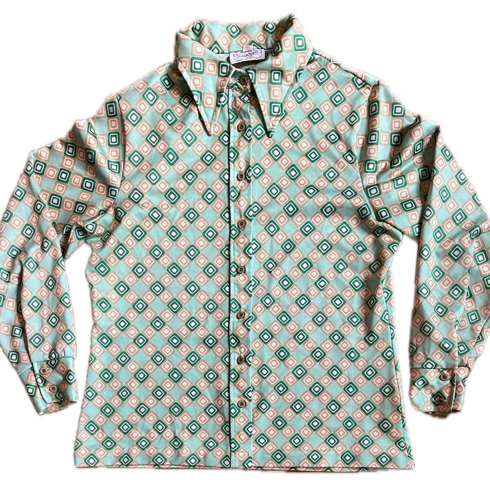Susan Scott Vintage Geometric Print Button Down Shirt Top Green Gold Size 16